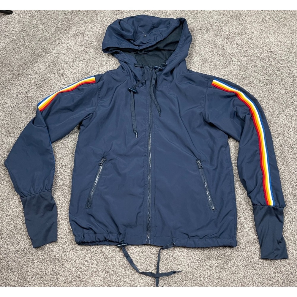 Zyia Jacket Womens XS Navy Blue Full Zip Crop Hood Rainbow Stripe Athletic Gym